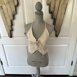 Cream Urban Outfitters Pleather Laced Up Halter Top